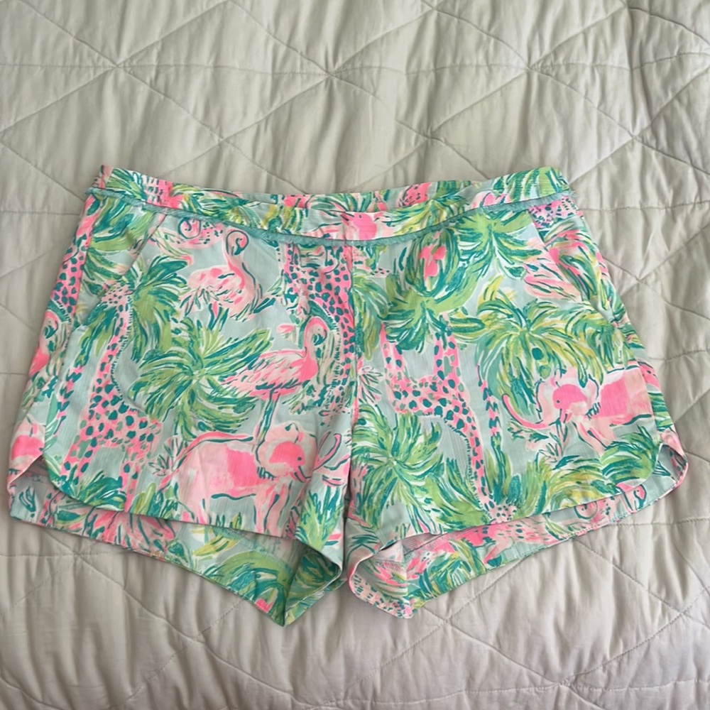 Lilly Pulitzer Adie Shorts size 10 Pink Seasalt Blue on Parade Flamingo